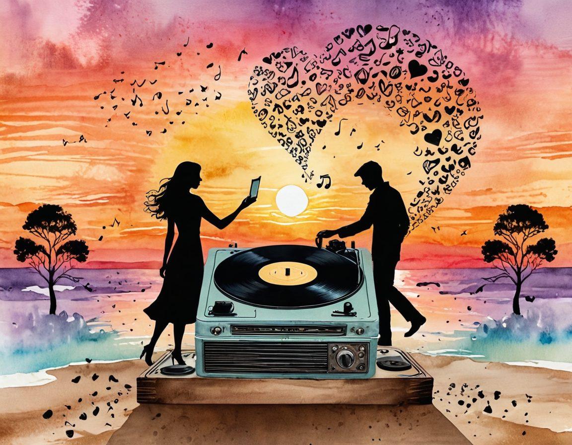 A collage of romantic elements representing love songs, featuring a vintage record player, heart-shaped music notes floating in the air, and a sunset silhouette of a couple holding hands. The background should evoke a sense of nostalgia with soft pastel colors and musical symbols scattered throughout. This composition captures the essence of passion and emotion in music. watercolor painting. warm colors. dreamy atmosphere.