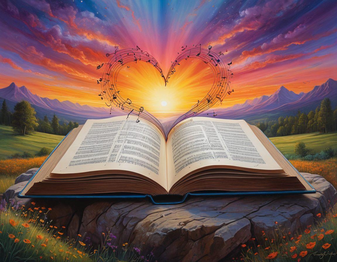 A beautiful, ethereal landscape with a large, glowing heart hovering above an open book filled with handwritten lyrics. Surround the scene with colorful, swirling musical notes and soft, radiant light that evokes emotion. Include a serene figure sitting cross-legged beneath the heart, lost in thought. The atmosphere should be dreamlike, inviting viewers to explore the depths of soulful music. painting. vibrant colors. dreamlike ambiance.