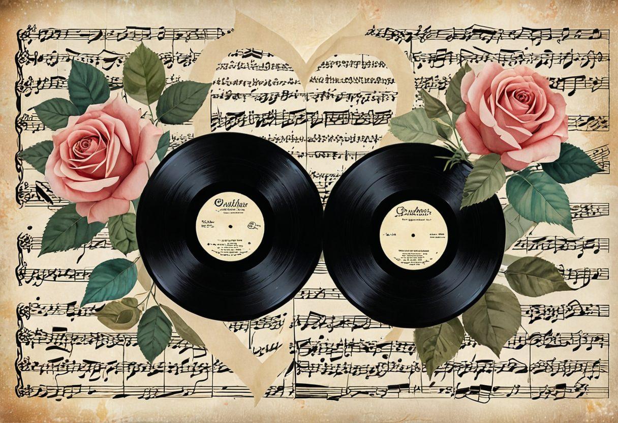 A whimsical collage of vintage records and sheet music, featuring elegant musical notes floating in the air, surrounded by roses and hearts. Soft, dreamy colors create a romantic and nostalgic atmosphere, with a subtle light glow enhancing the poetic theme. This image captures the essence of love and music intertwined. painting. vibrant colors. dreamy background.